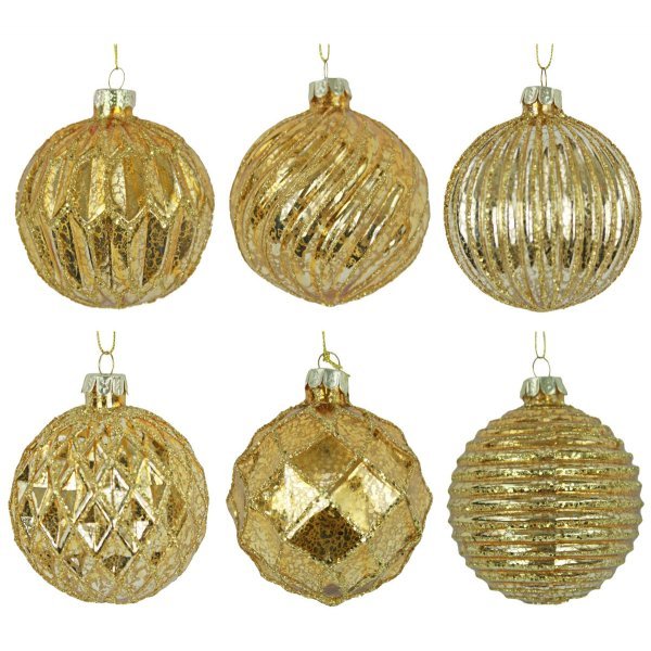 Χριστουγεννιάτικες Γυάλινες Ανάγλυφες Μπάλες, Χρυσές - Σετ 6 τεμ. (8cm)
